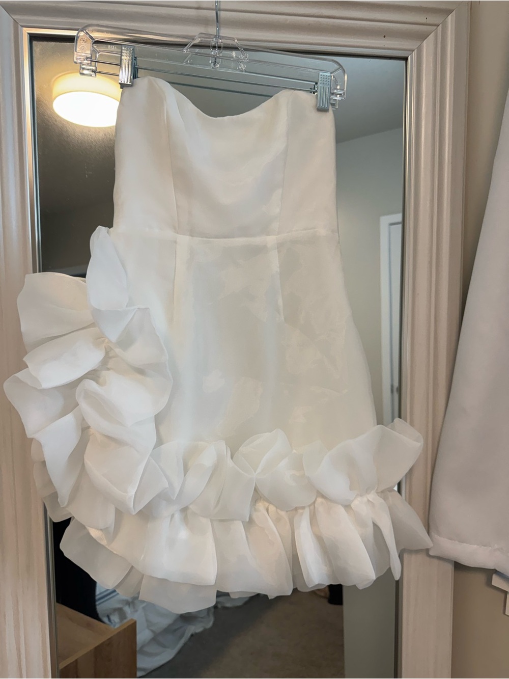 Strapless White Ruffle-Hem Mini Dress
